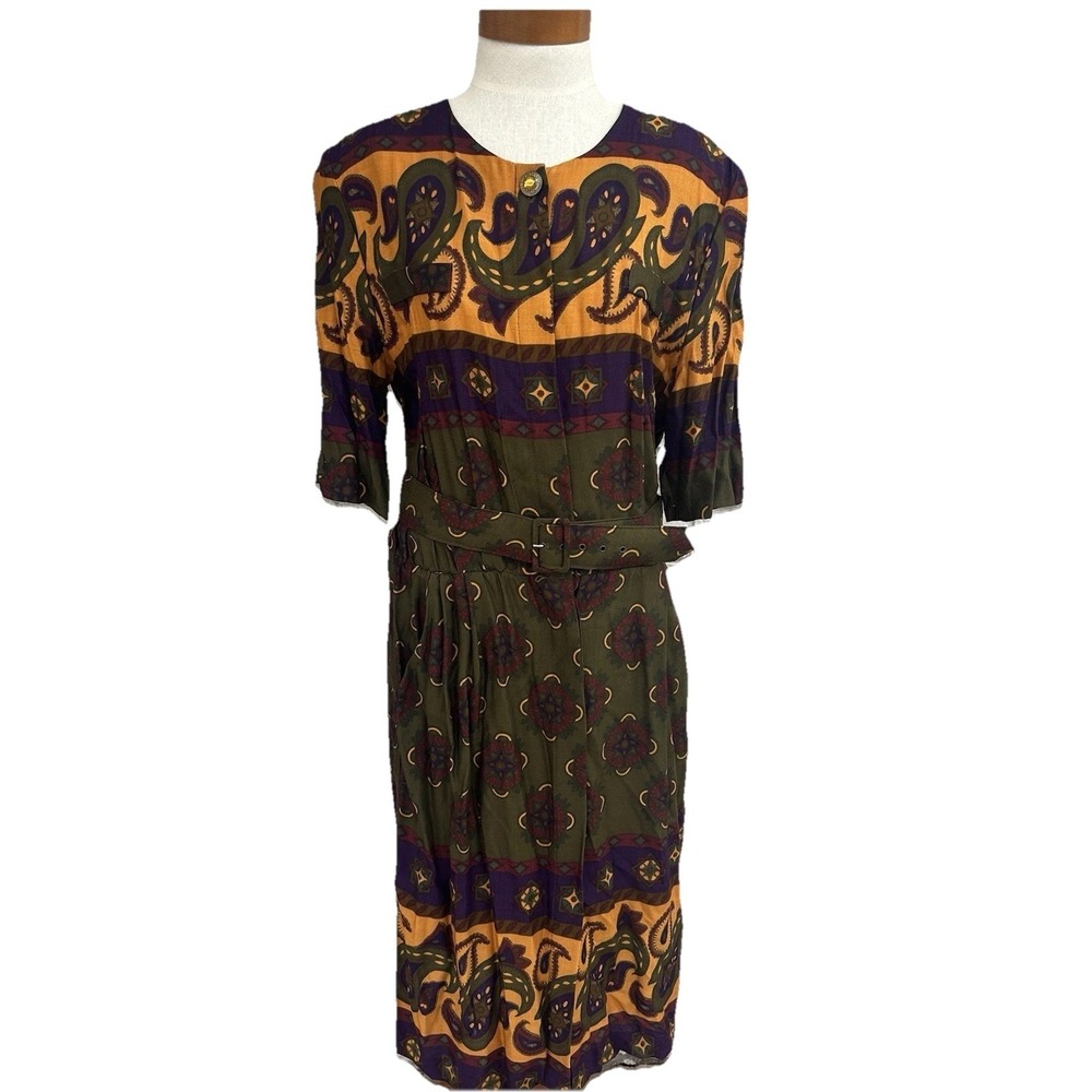 Vintage Mono Sz 18 Yellow Green‎ Purple Belted Button Front Dress Pockets Rayon